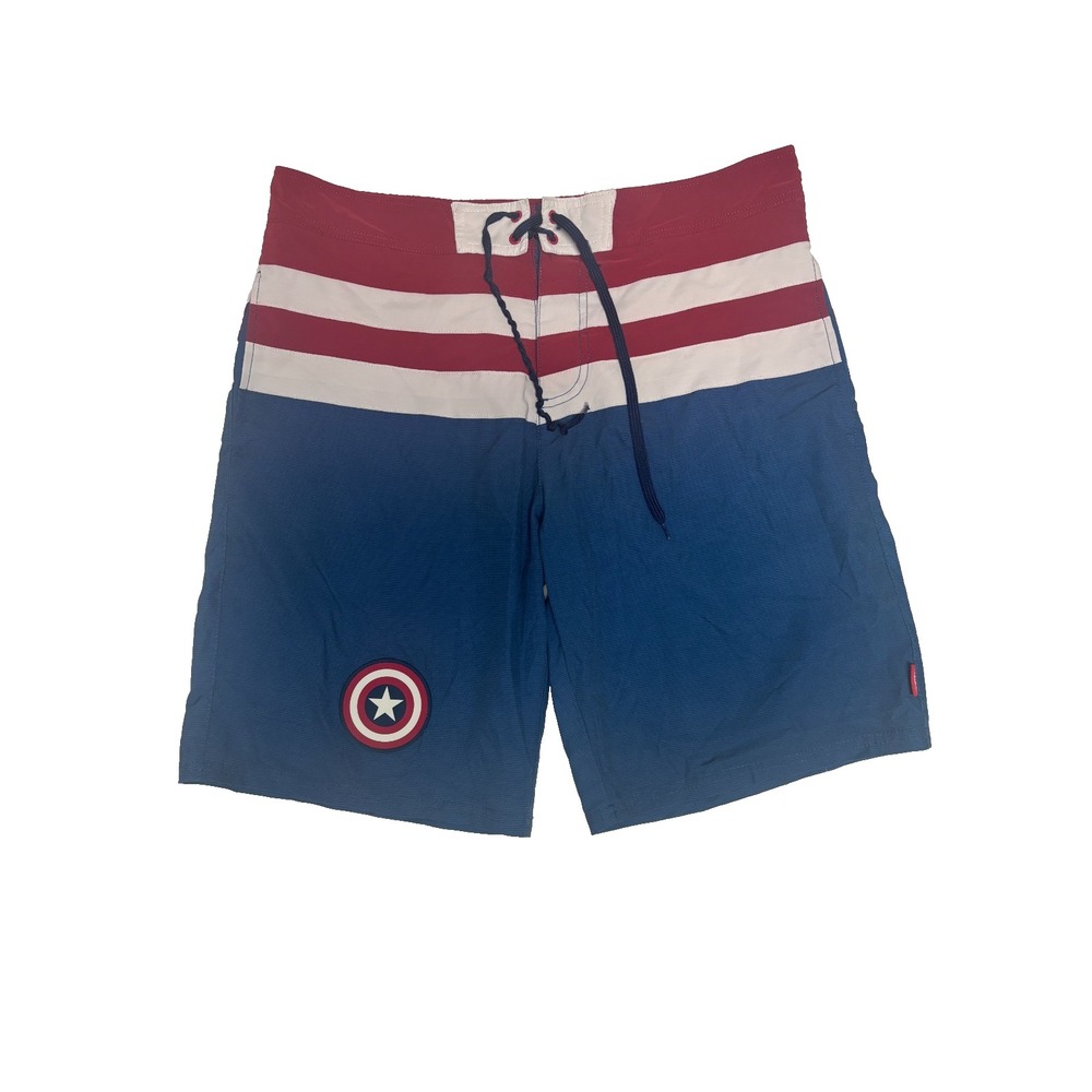 Marvel Mens L Board Shorts Blue Captain America Shield Striped Swim Trunks Surf